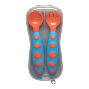 Set Tacâmuri Copii cu Cutie, Lingură și Furculiță Ergonomice, Portocaliu/Albastru, 2 Bucăți