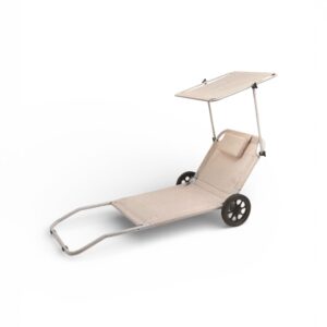 Șezlong plajă cu roți și copertină belavi – Pliabil, 150,5 × 67 × 21 cm, Bej