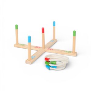 Set Joc de Aruncare a Inelelor din Lemn – Joc din Lemn cu 5 Inele, pentru Exterior