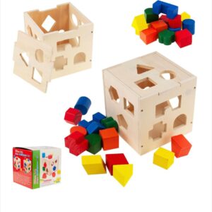 Cub Educativ din Lemn Sortator Forme – 15 Forme Geometrice, Joc Montessori 3+ ani
