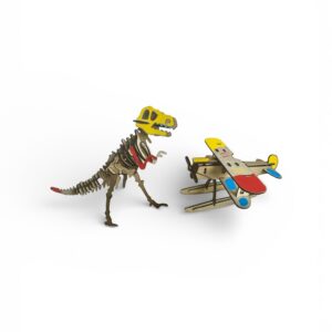 Puzzle 3D din Lemn – Dinozaur și Avion, 2 Modele, de Asamblat și Decorat, 3+ Ani