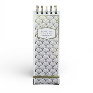 Carnetel cu Spirală Sus AVEC – Model Alb cu Model Auriu „Chase Your Dreams”, 150 File, 7×20,5 cm