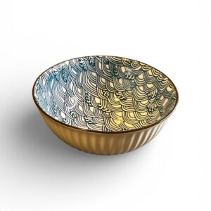 Bol / Castron Ceramic cu Model Valuri Japoneze – Exterior Bej Texturat, Pentru Servire
