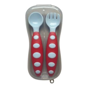 Set Tacâmuri Copii cu Cutie, Lingură și Furculiță Ergonomice, Roșu/Alb, 2 Bucăți