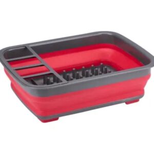 Scurgător Vase Pliabil Roșu/Gri cu Suport Tacâmuri – Suport Uscare Vase Compact pentru Bucătărie
