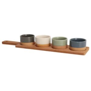 Set Servire Excellent Houseware – 4 Boluri Ceramice + Platou din Lemn, 5 Piese