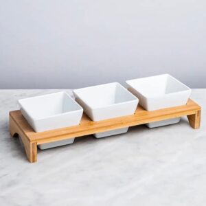 Set Servire Cheffinger – 3 Boluri Ceramice cu Suport din Bambus, 4 Piese