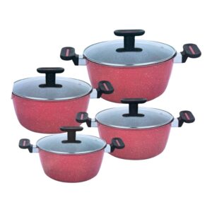 Set Oale HotChef 8 Piese, Acoperire Granit Antiaderentă, Capace Sticlă, 20-32 cm, Roșu