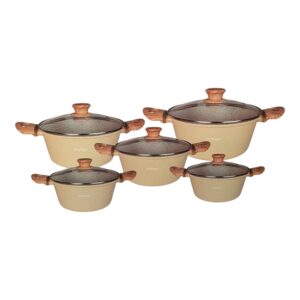 Set oale Cheffinger Home 10 piese, aluminiu turnat, strat marmură, capace sticlă, inducție, 20–28 cm, Beige