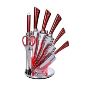 Set Cuțite Bucătărie Royalty Line RL-KSS804, 8 Piese, Oțel Inoxidabil, Suport Rotativ 360°, Roșu / Argintiu