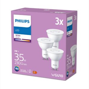 Bec LED Philips GU10 3W (35W) Alb Cald 3000K – 230 Lumeni, Set 3 Bucăți