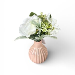 Aranjament Floral Artificial în Vazǎ Roz – Flori Decorative Elegante Alb & Verde
