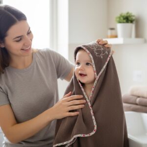 Prosop Bebe cu Glugă Baby Nat’, 80x80 cm, 100% Bumbac, Roz, Ultra Absorbant