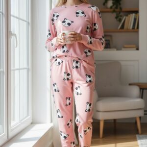 Set Pijama Damă Therapy Loungewear Panda – Bluza și Pantaloni, Roz, Material Elastic Confortabil , Mărime L