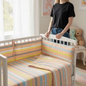 Set Lenjerie Pătuț Copii 3 Piese – 100x135 cm, Model Dungi Colorate, Poliester