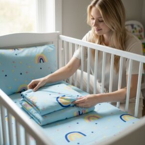 Set Lenjerie Pătuț Copii 3 Piese – 100x135 cm, Model Curcubeu, Poliester, Pentru Bebeluși