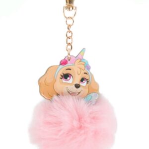 Breloc Pufos pentru Chei sau Geantă – Cățel Unicorn, Pompon Roz, Accesoriu Decorativ Copii
