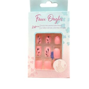 Unghii False Autoadezive 24 Bucăți – Model Floral Roz, Set cu Adeziv, Pilă și Bețișor