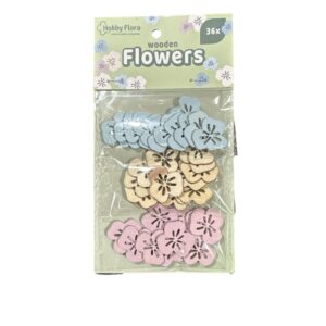 Set 36 Flori Decorative din Lemn Hobby Flora Albastru, Natur și Roz – Elemente Craft pentru Decorațiuni