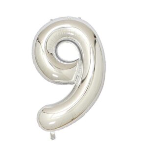 Balon Cifră 9 Toylino – 1 m, Argintiu Metalizat, Compatibil Heliu, Decor Petrecere