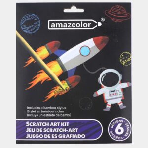 Set Creativ Răzuire Desene Amazcolor – 6 Planșe, Stilou Bambus Inclus, Temă Spațiu