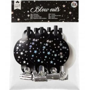 Set Suflători Petrecere cu Model Stele Argintii – 6 Bucăți, Design Elegant Negru, Accesorii Evenimente