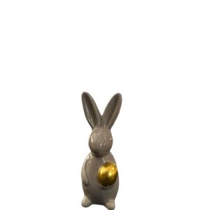 Figurină Iepuraș Decorativ din Ceramică Home Creation – Gri cu Ou Auriu, 16.5 cm