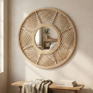 Oglinda decorativa rotunda din bambus design natural pentru perete