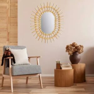 Oglindă Decorativă Ovală Boho din Ratan – 56 x 43 cm, Design Elegant pentru Perete