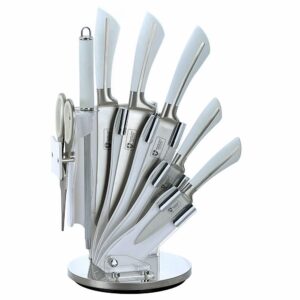Set Cuțite Bucătărie Royalty Line RL-KSS750, 8 Piese, Oțel Inoxidabil, Suport Rotativ 360°, Alb / Argintiu