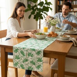 Față de Masă casa Riana 45×140 cm – Model Frunze Verzi, Material Reciclat, Design Modern