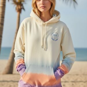 Hanorac damă Salt Life Paradise Awaits, crem multicolor, cu glugă și buzunar frontal, mărimea M