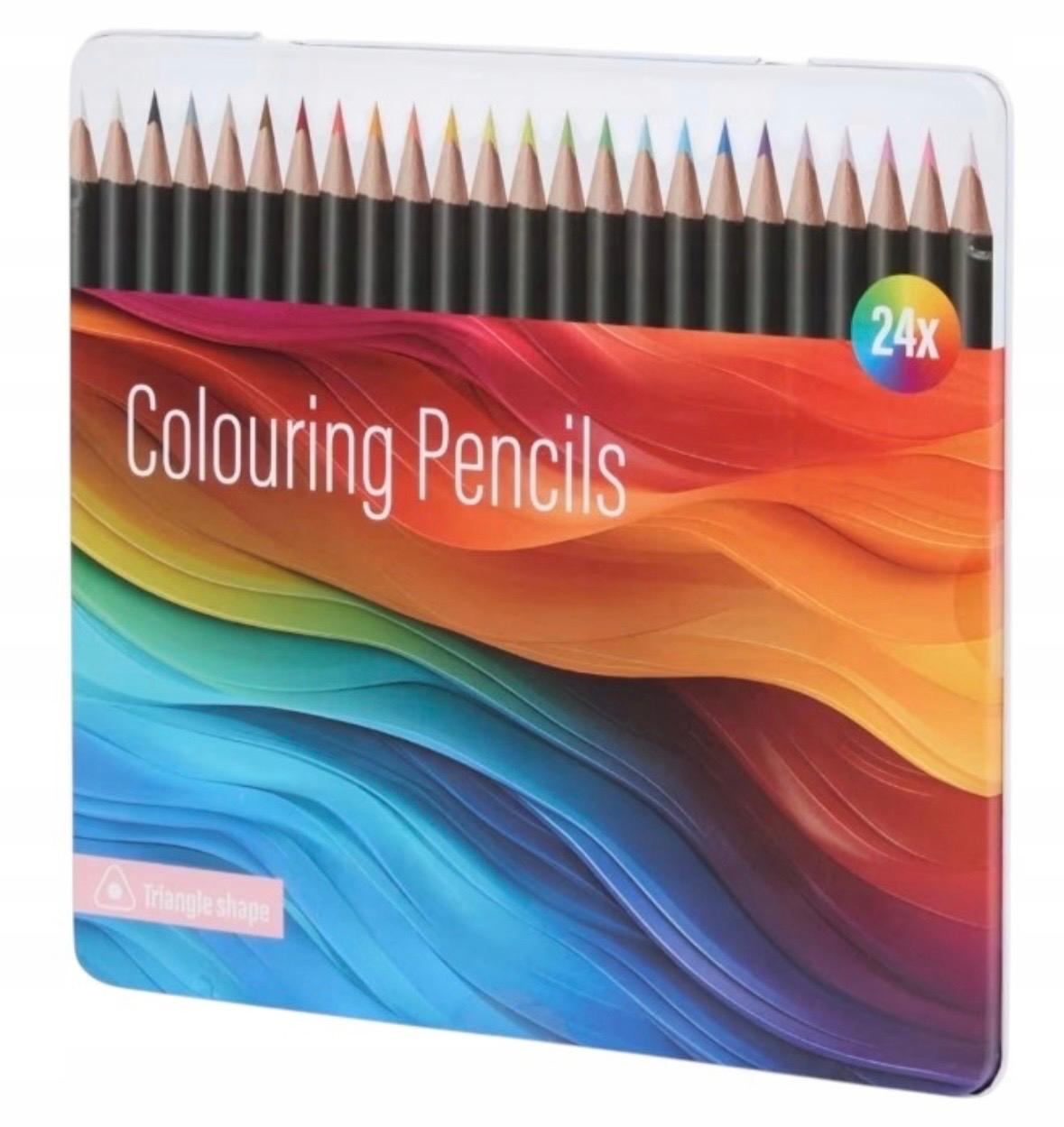 Set 24 Creioane Colorate în Cutie Metalică, Formă Triunghiulară, Culori Intense pentru Desen și Școală - imagine 2