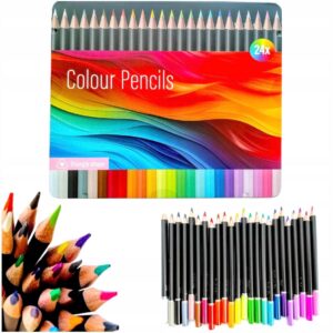 Set 24 creioane colorate cutie metalica forma triunghiulara culori intense