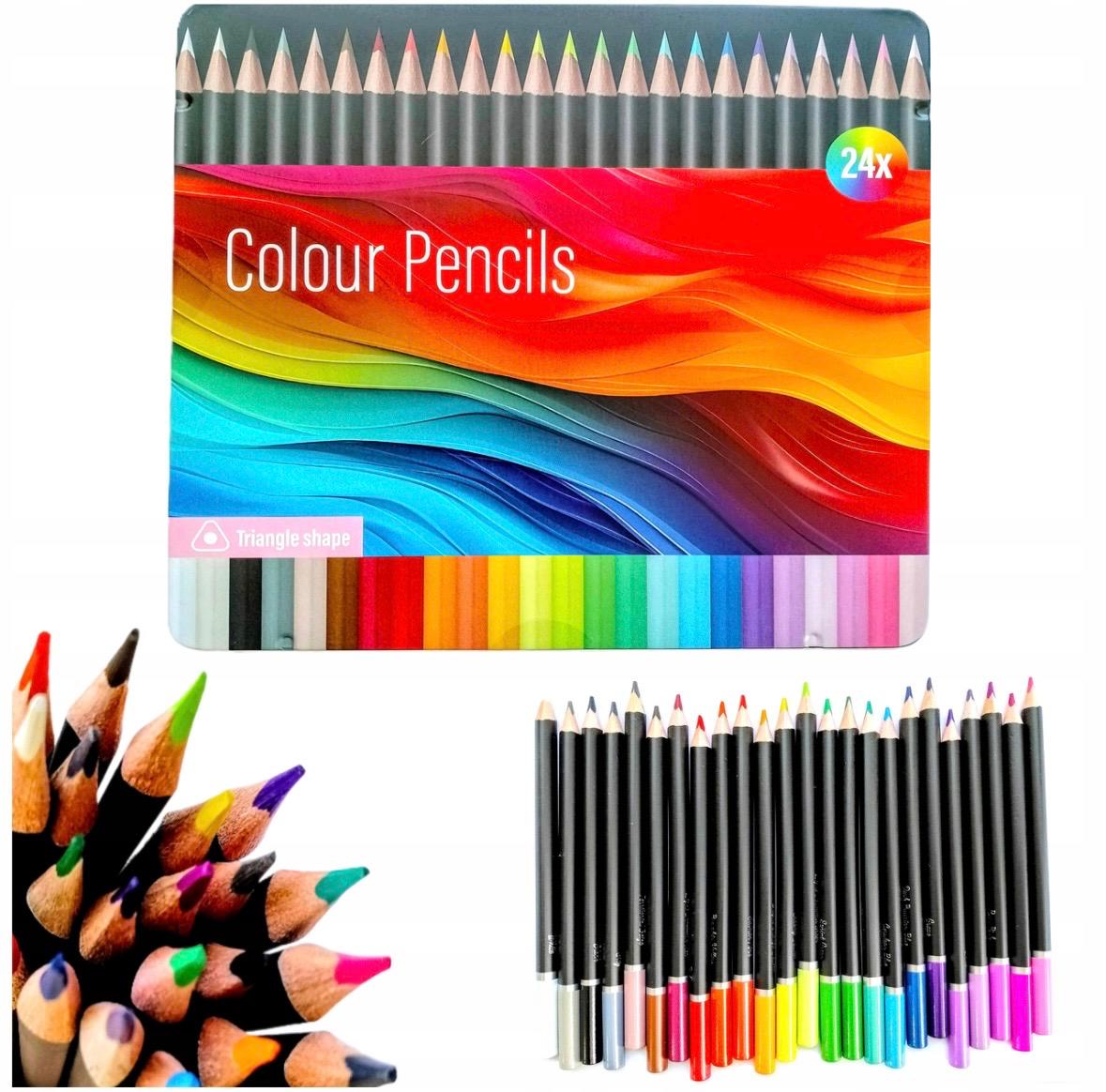Set 24 creioane colorate cutie metalica forma triunghiulara culori intense