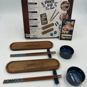 Set pentru Servirea Sushi din Ceramică și Bambus, 2 Persoane, 2 Platouri, 2 Boluri, Bețișoare și Carte cu 25 de Rețete