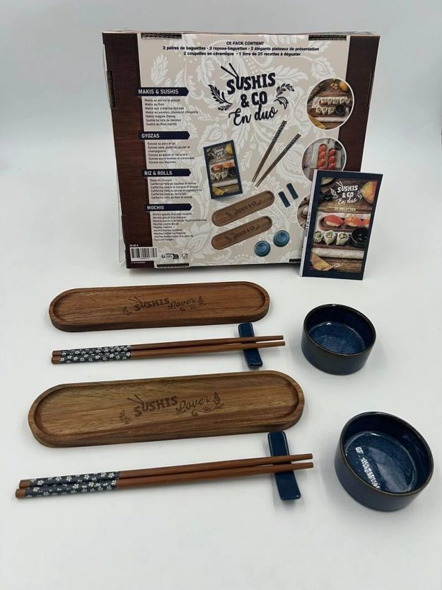 Set pentru Servirea Sushi din Ceramică și Bambus, 2 Persoane, 2 Platouri, 2 Boluri, Bețișoare și Carte cu 25 de Rețete