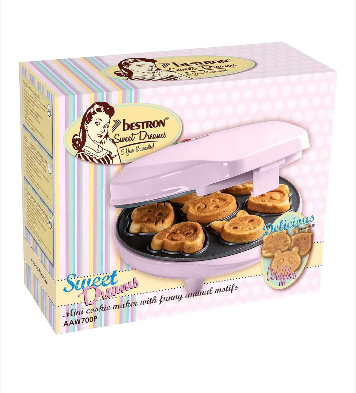Mini Aparat pentru Prăjituri și Biscuiți cu Forme de Animale Bestron Sweet Dreams AAW700PBS, 700 W, Strat Antiaderent,Roz - imagine 7