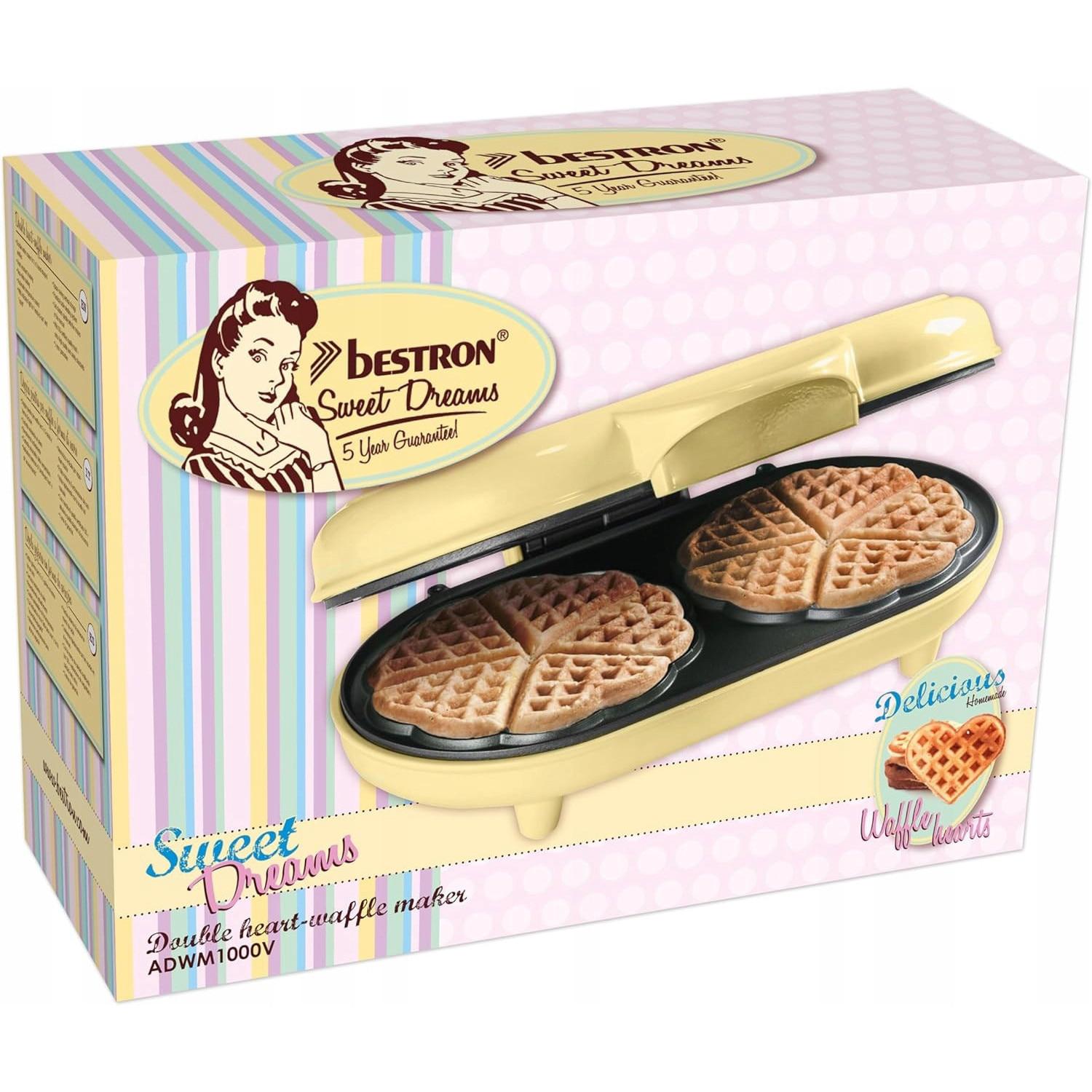 Aparat pentru Vafe Duble în Formă de Inimă Bestron Sweet Dreams-1000 W, Strat Antiaderent , Galben - imagine 4