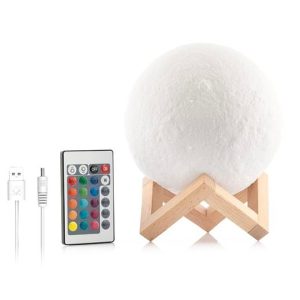 Lampa LED decorativa Luna de 15 cm Home Creation cu 16 culori, telecomanda si suport din lemn