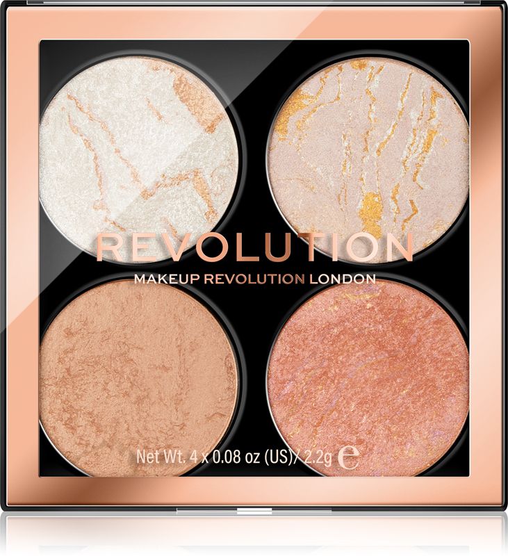 Paleta iluminator si pudra bronzanta Revolution Cheek Kit Fresh Perspective cu 4 nuante pentru un efect luminos natural