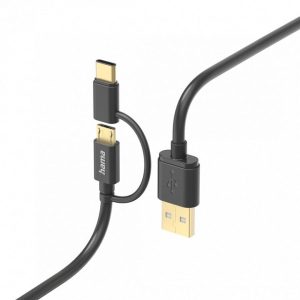 Cablu Hama 2 in 1 negru USB-A la Micro USB si USB-C de 1 metru