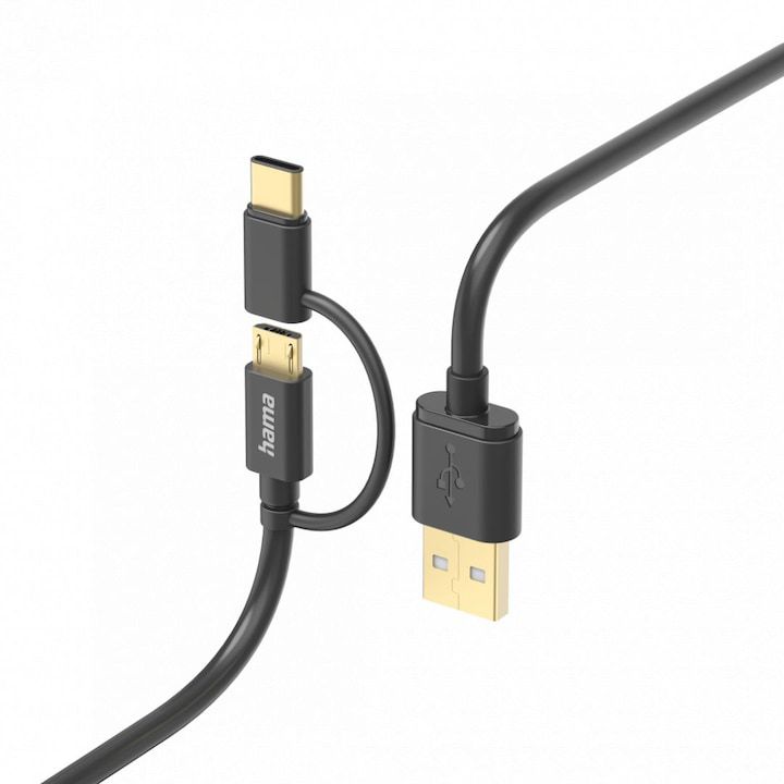Cablu Hama 2 in 1 negru USB-A la Micro USB si USB-C de 1 metru