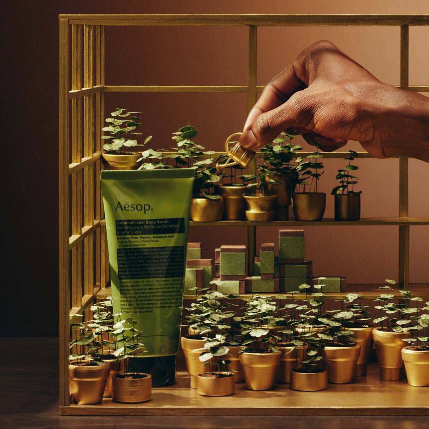 Set Aesop Geranium Leaf pentru Îngrijirea Corpului – Gel de Duș, Exfoliant și Balsam de Corp - imagine 2