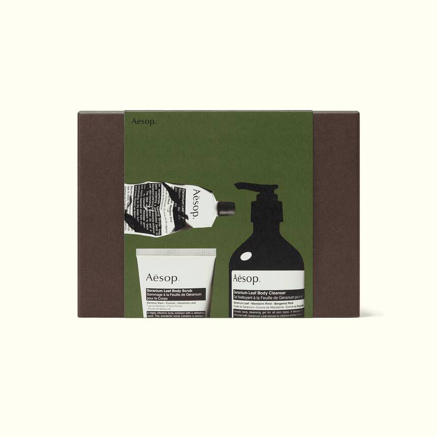 Set Aesop Geranium Leaf pentru Îngrijirea Corpului – Gel de Duș, Exfoliant și Balsam de Corp - imagine 4