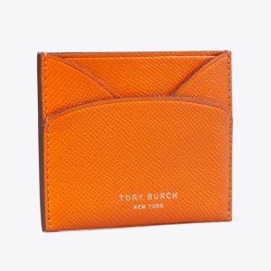 Portcard Tory Burch Romy Flat Card Case Orange din Piele Naturală Saffiano, Ultra Slim, pentru Carduri și Bancnote