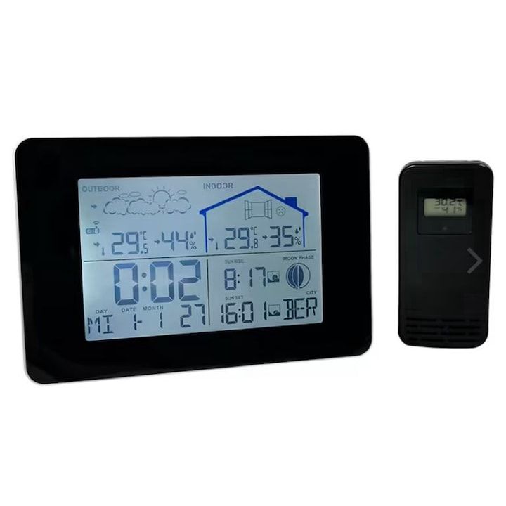 Stație Meteo Digitală Wireless Krontaler, Senzor Exterior, Temperatură și Umiditate Interior/Exterior, Presiune Atmosferică, Faze Lunare,Negru