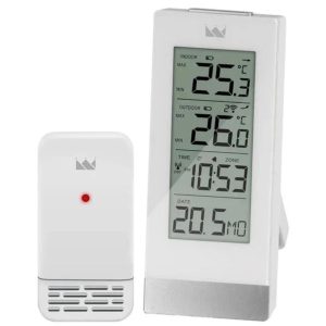 Stație Meteo Digitală Krontaler cu Senzor Exterior fără Fir, Ceas, Calendar și Temperatură Interioară/Exterioară, Albă