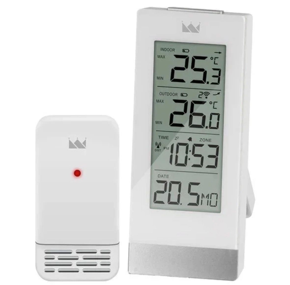 Stație Meteo Digitală Krontaler cu Senzor Exterior fără Fir, Ceas, Calendar și Temperatură Interioară/Exterioară, Albă