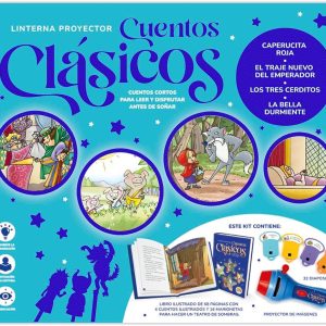 Lanternă Proiector cu Povești Clasice pentru Copii – Scufița Roșie, Cei Trei Purceluși, Frumoasa Adormită, 32 Diapozitive, Carte Ilustrată și Teatru de Umbre